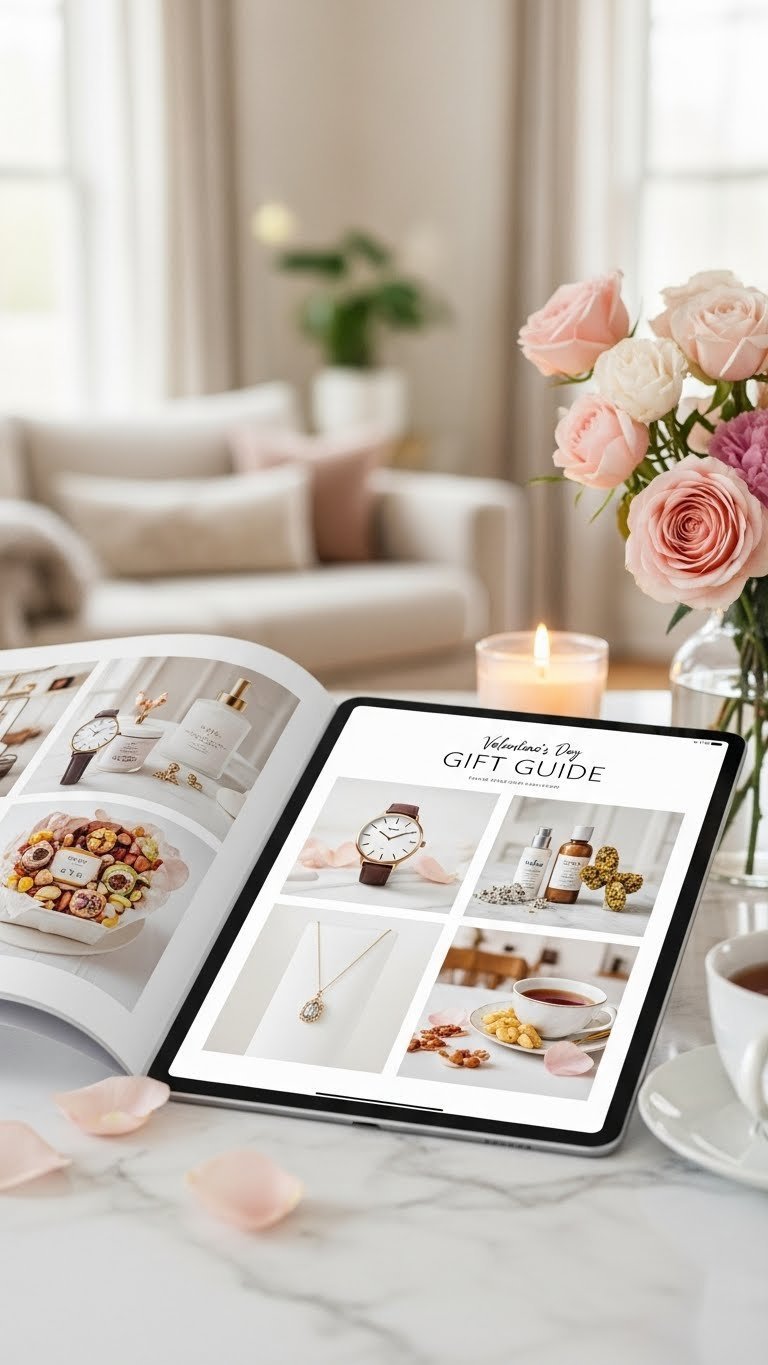 Open Valentine's Day gift guide booklet displayed on white marble countertop with luxury watch and necklace photography.
