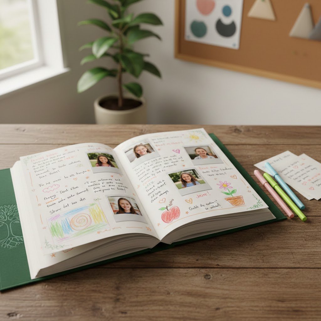 Open appreciation memory book with handwritten messages and student photos on rustic wooden table