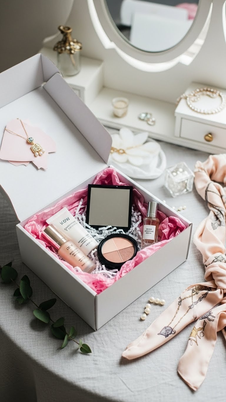 Open beauty subscription box showcasing skincare products and makeup palette with colorful tissue paper