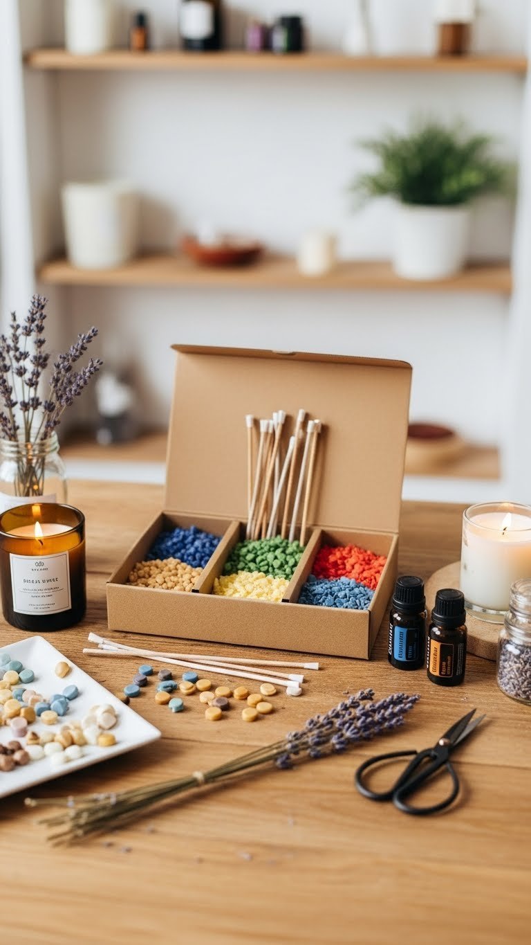 Open candle-making kit with colorful wax flakes, wicks, and jars on rustic wooden table