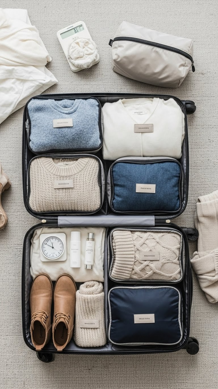 Open carry-on suitcase with a winter capsule wardrobe organized in packing cubes, alongside a travel scale and planner.