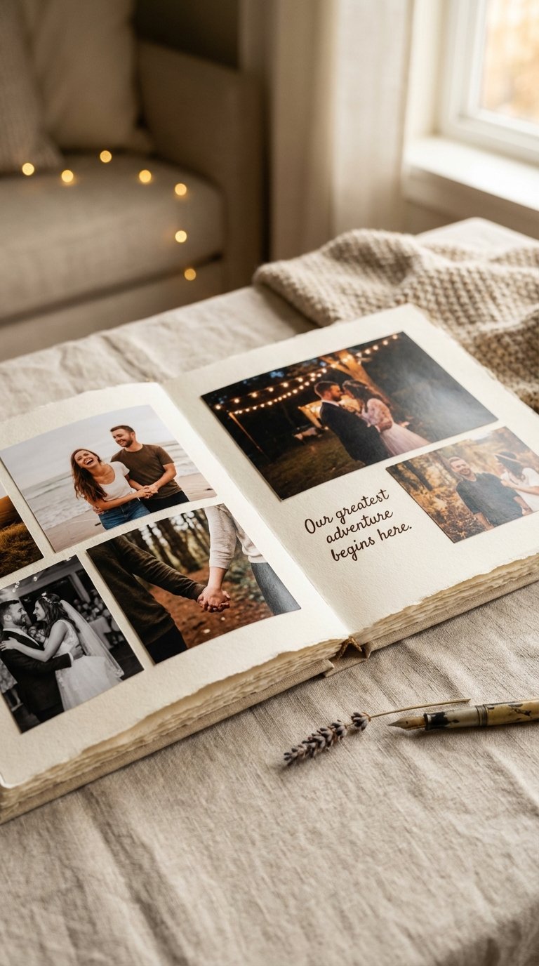 Open custom photo album displaying cherished couple photos with handwritten captions on linen surface