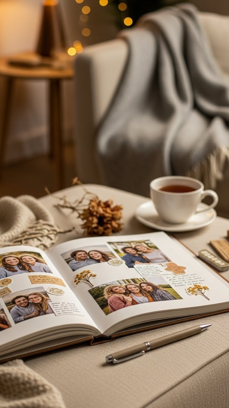 Open custom photo album with candid friend photos and handwritten annotations displayed on linen fabric with cozy throw blanket