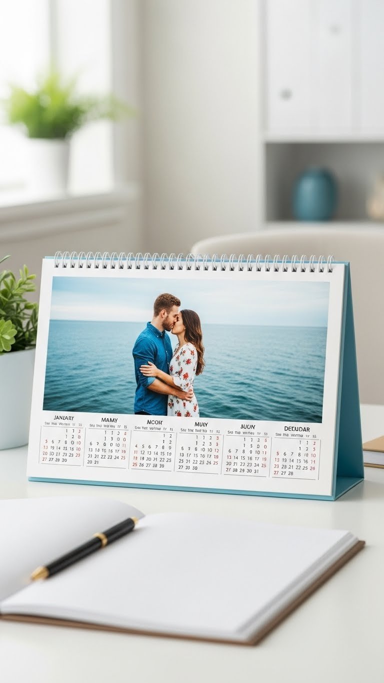 Open custom photo calendar showing vibrant couple vacation photo with personalized date markings on minimalist desk.