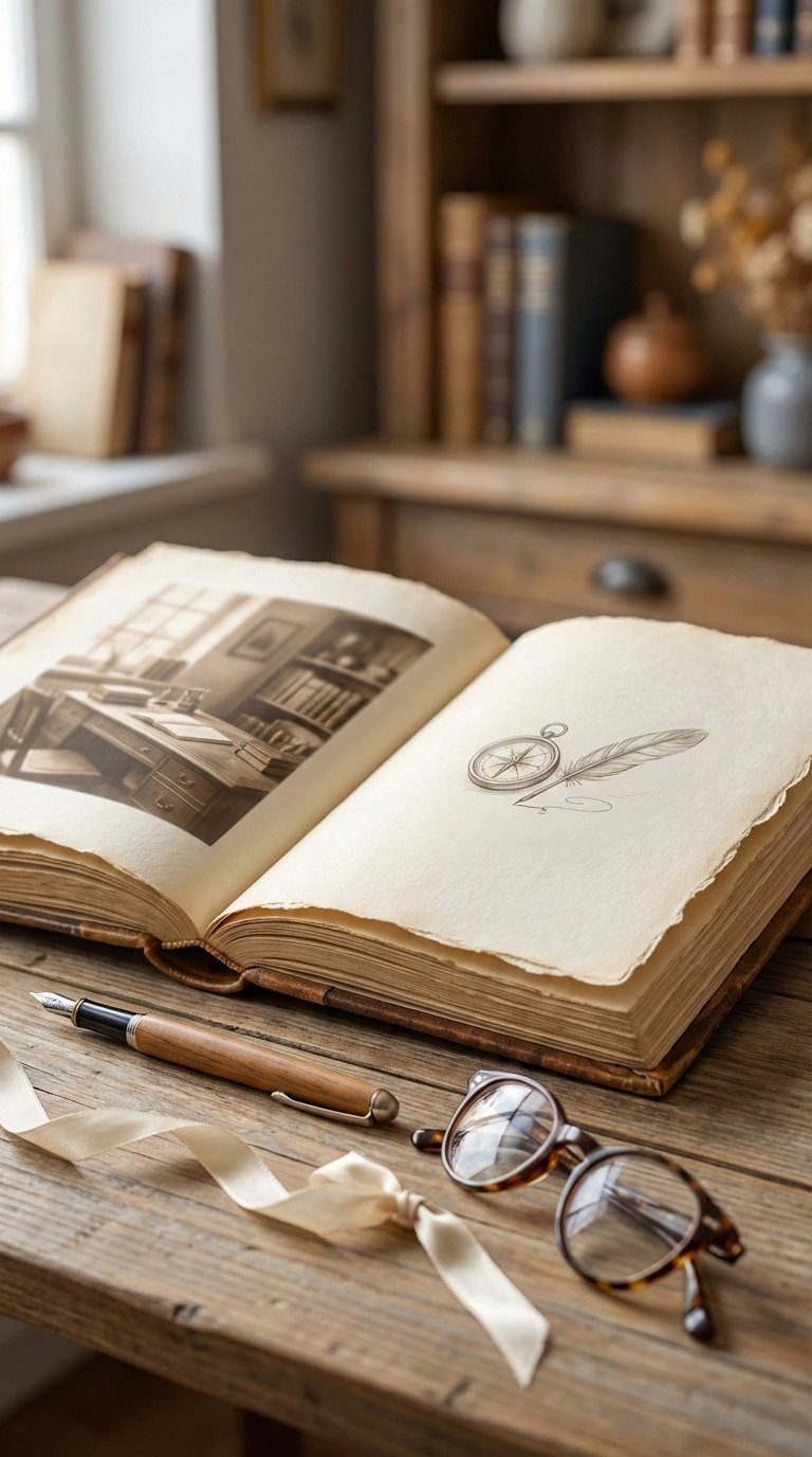 Open elegant memory book with thick textured pages displayed on rustic wooden table with soft natural lighting
