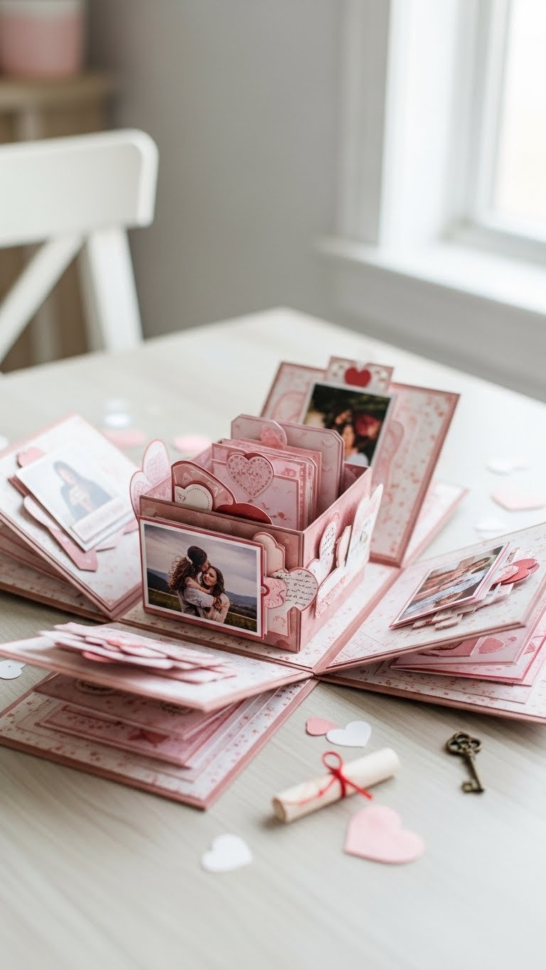 Open explosion box scrapbook with multi-layered panels featuring miniature photos and delicate embellishments against soft pink background