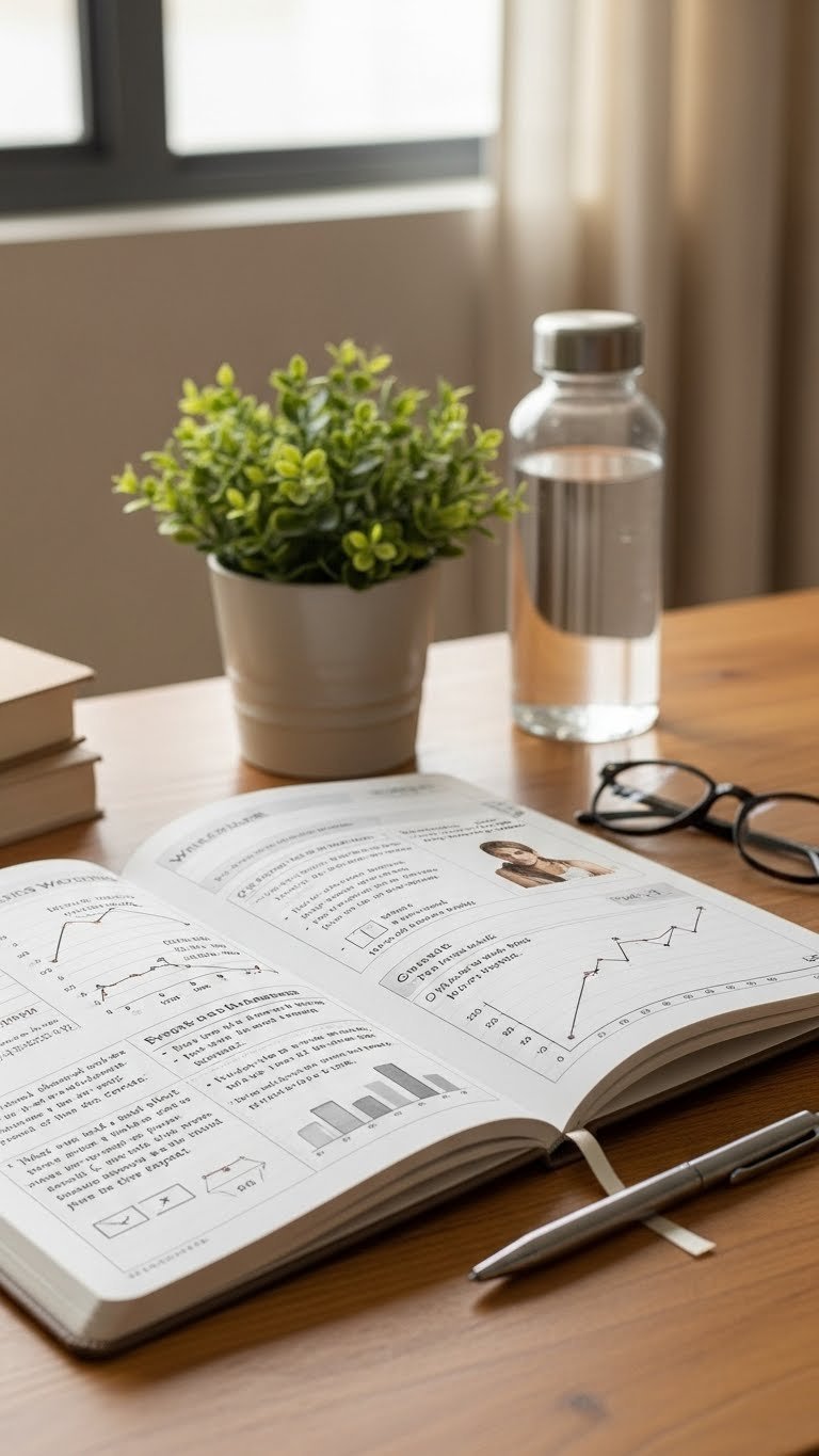 Open fitness journal with workout entries and pen on rustic wooden desk in study setting