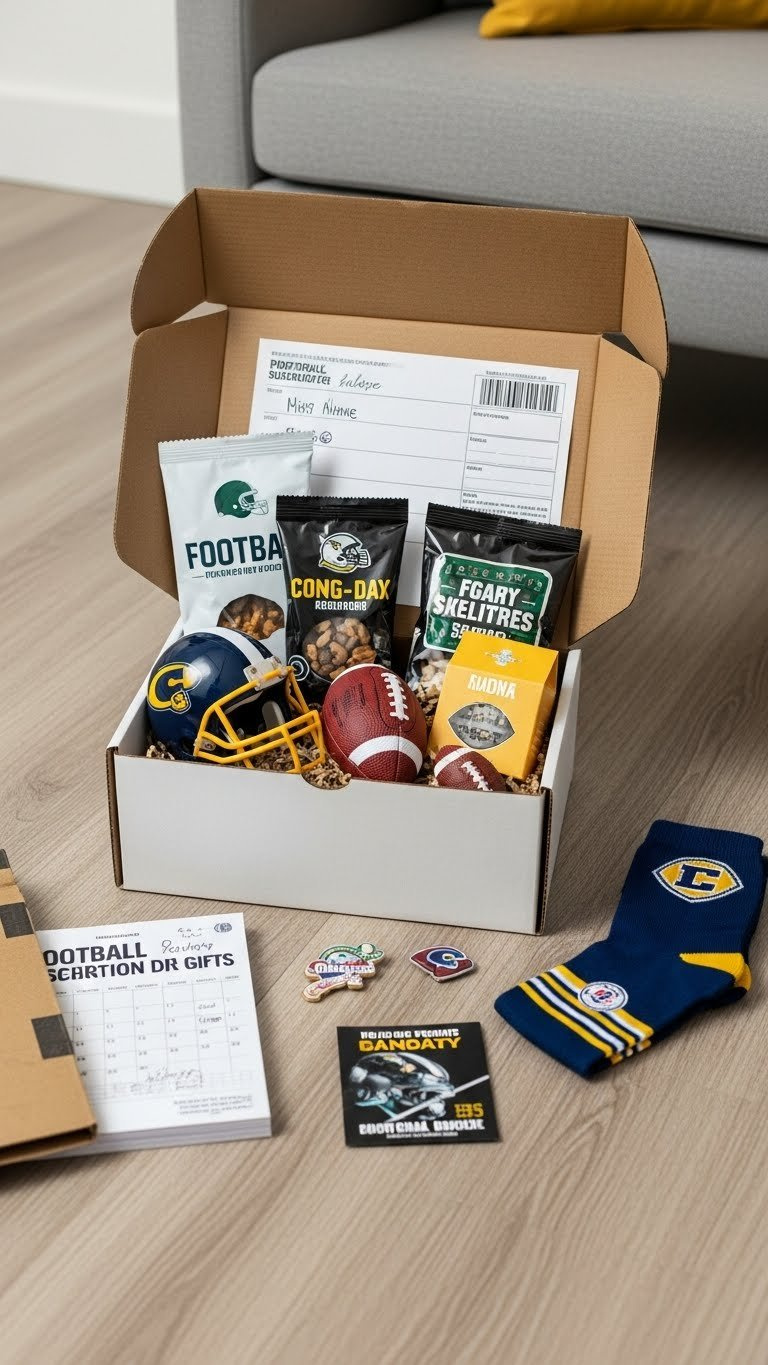 Open football subscription box overflowing with mini helmet, team snacks, and fan apparel items