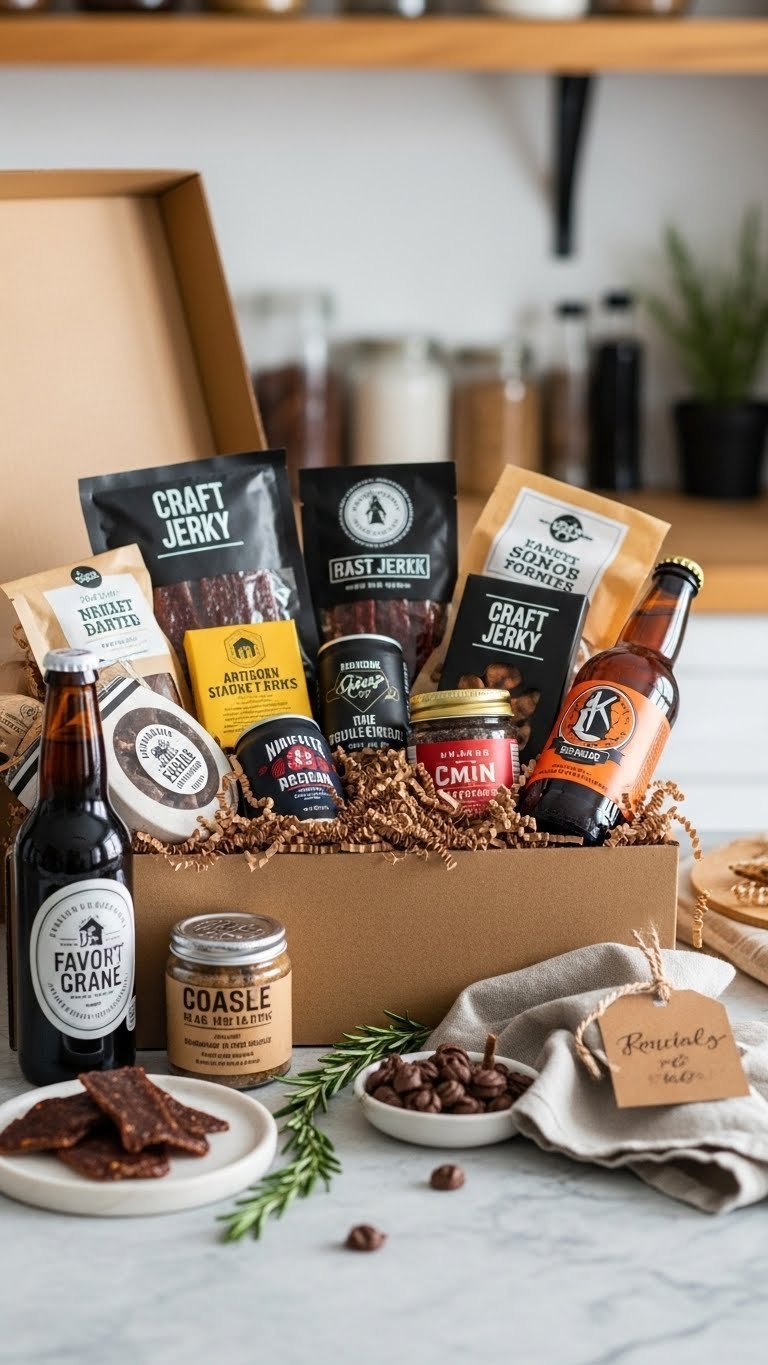 Open gourmet treat box overflowing with high-quality snacks, including craft jerky and artisan chocolates, on a natural stone countertop under warm golden hour light.