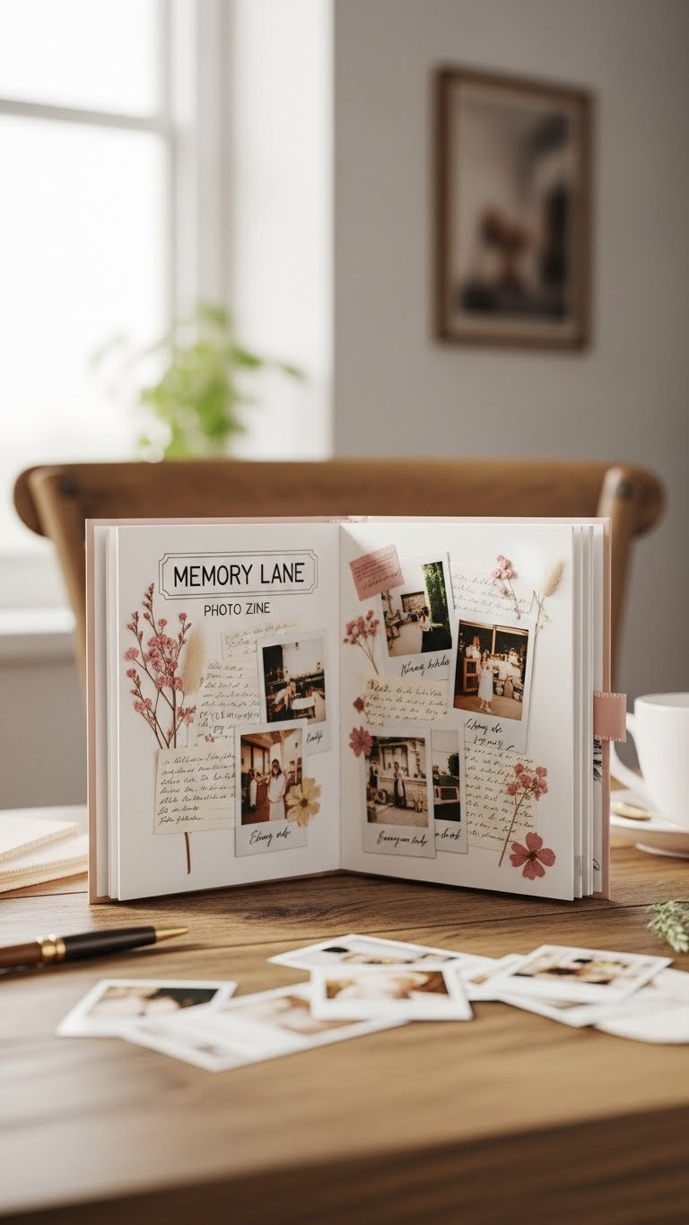 Open handmade memory lane photo zine with nostalgic polaroid-style photos and dried flowers on rustic wooden table in soft natural light