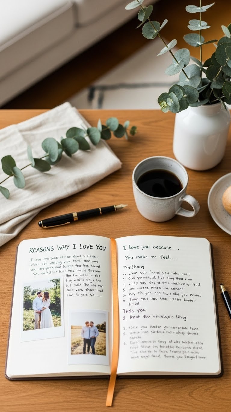 Open handwritten love journal with sentimental notes and small photo on rustic wooden table surface