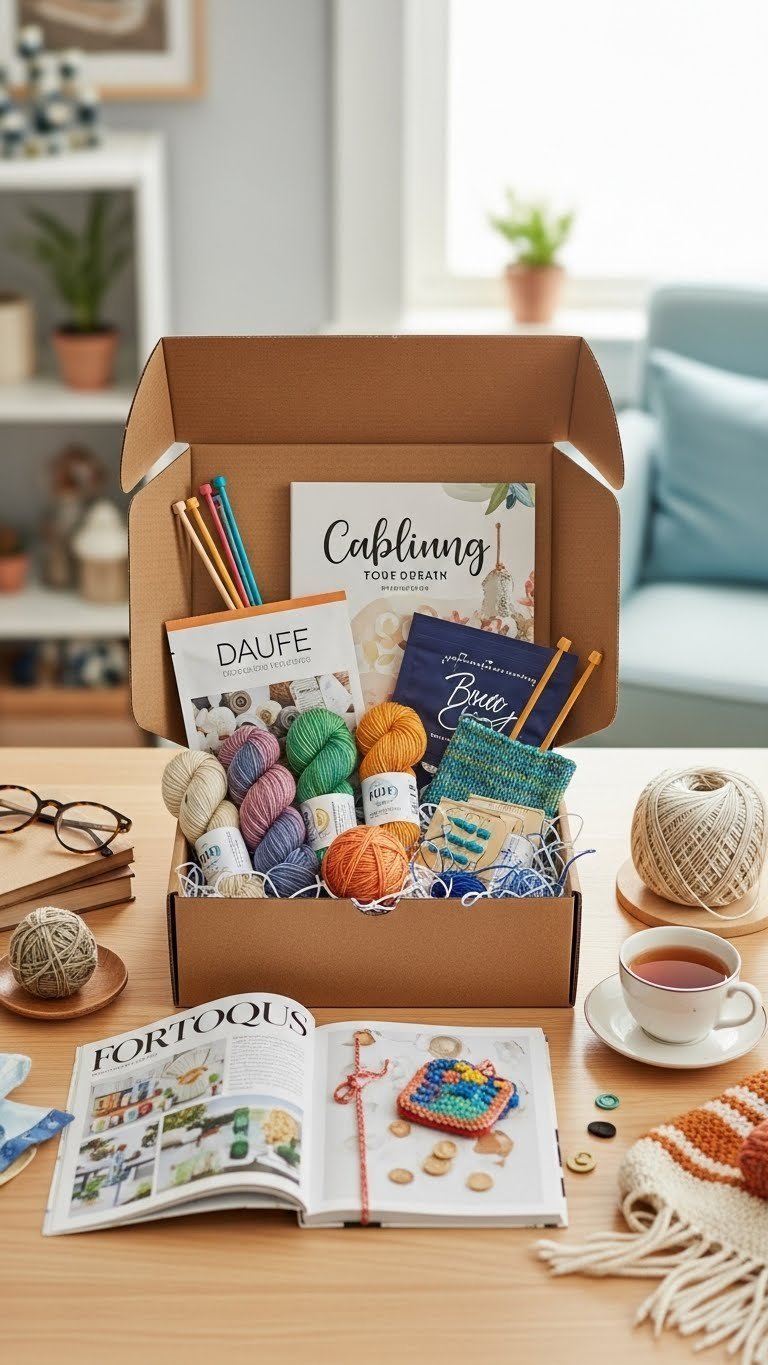 Open knitting subscription box overflowing with colorful yarn, needles, and craft supplies on wooden table