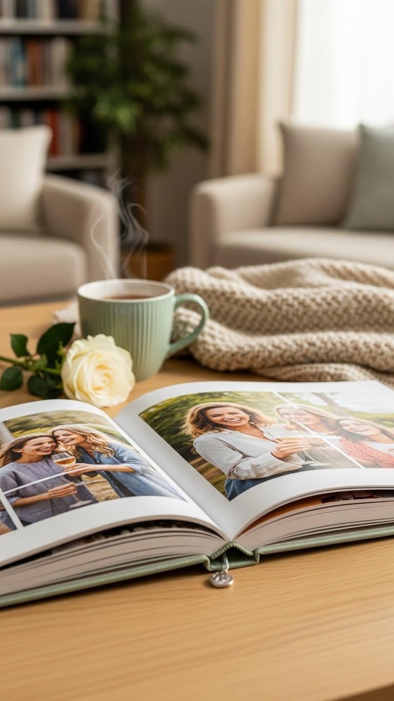 Open linen memory book showcasing friends laughing and celebrating moments on soft wooden table with tea mug and cozy blanket background