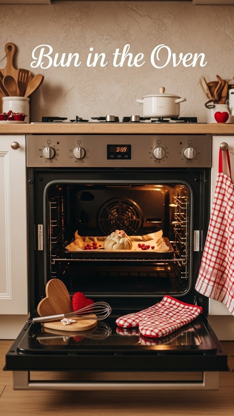 Open oven with fluffy bun on baking sheet surrounded by heart-shaped oven mitts in cozy kitchen scene.