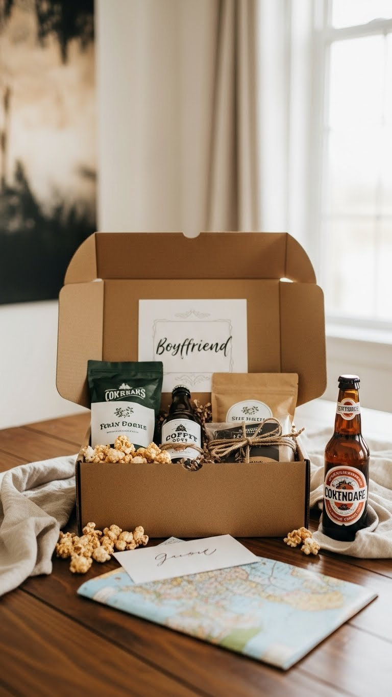 Open personalized boyfriend gift box with wrapped movie night items on rustic wooden table