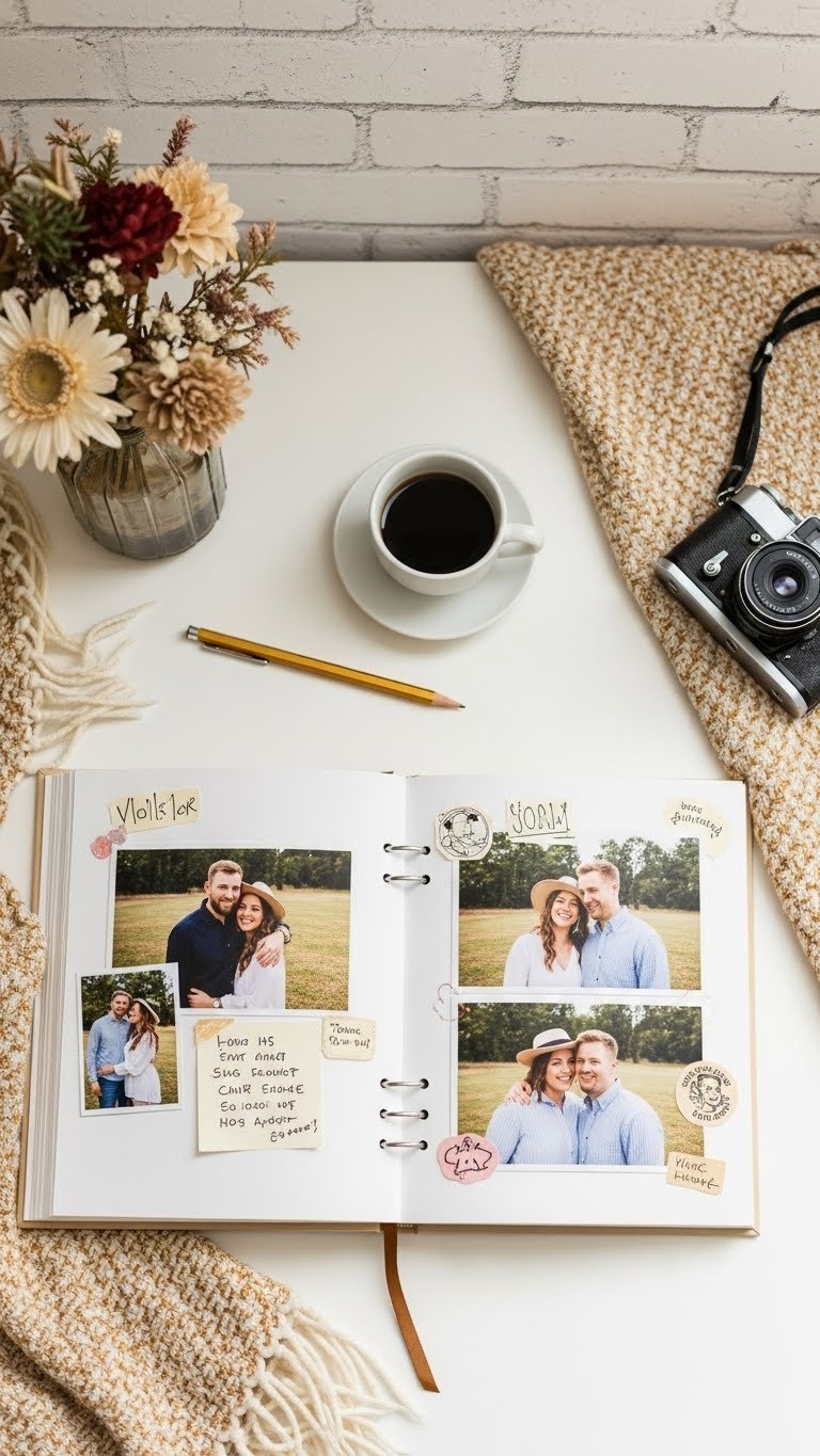 Open personalized photo album displaying candid couple photos with handwritten notes on clean minimalist surface