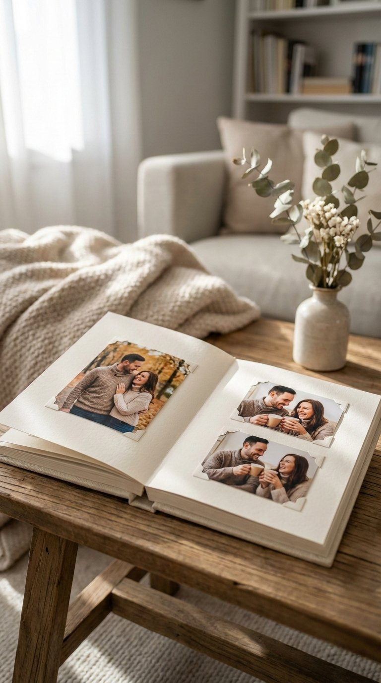 Open personalized photo album displaying joyful couple memories on modern shelf with soft living room background