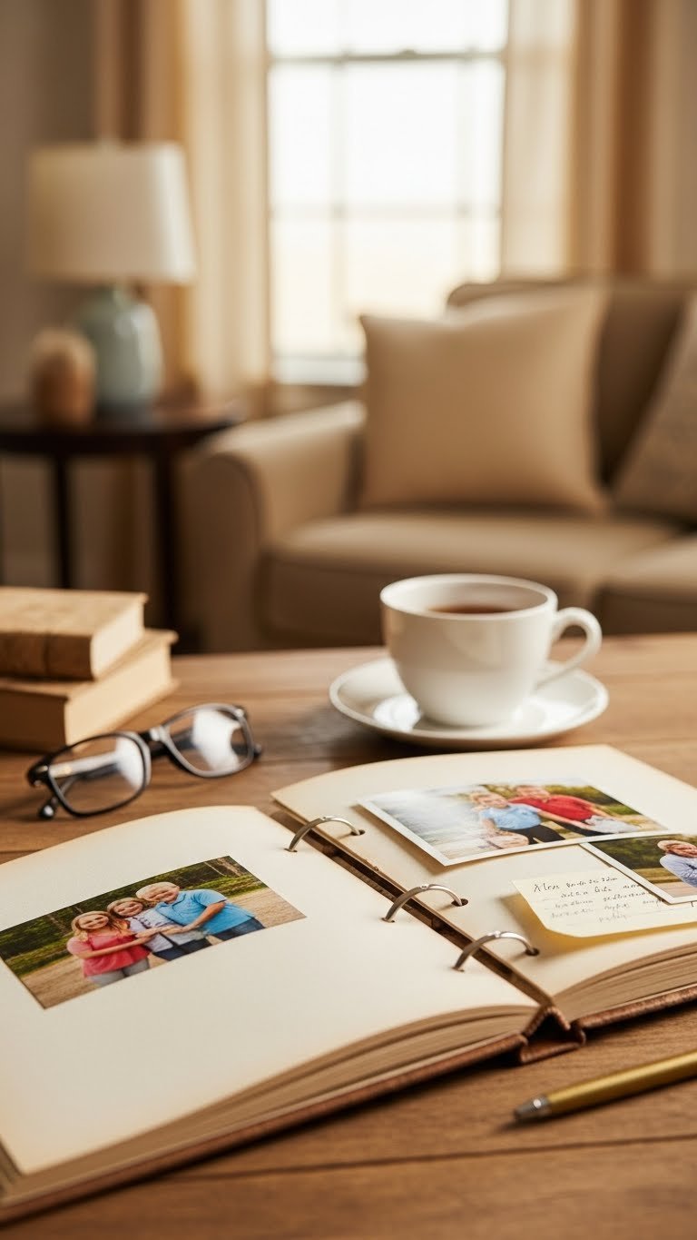 Open personalized photo album displaying vibrant family photos on aged paper with handwritten notes on rustic wooden table