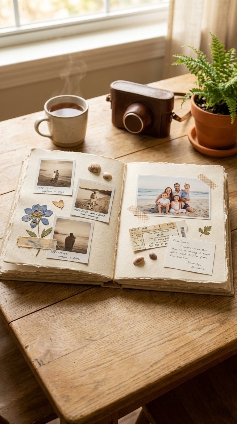 Open personalized photo album with cherished memories and handwritten captions on light wooden table.