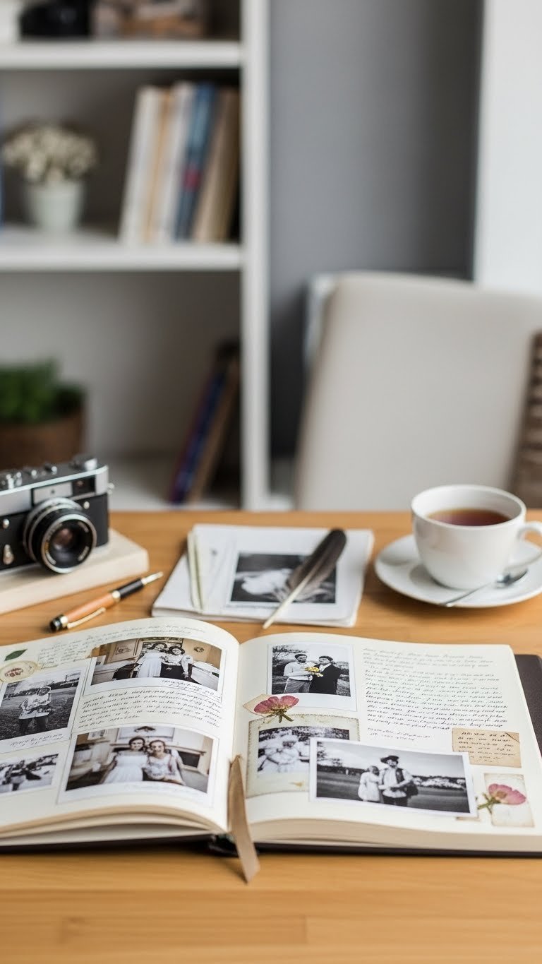 Open personalized scrapbook displaying artfully arranged photographs and notes on a wooden desk, with a vintage camera and steaming tea, under soft natural light.