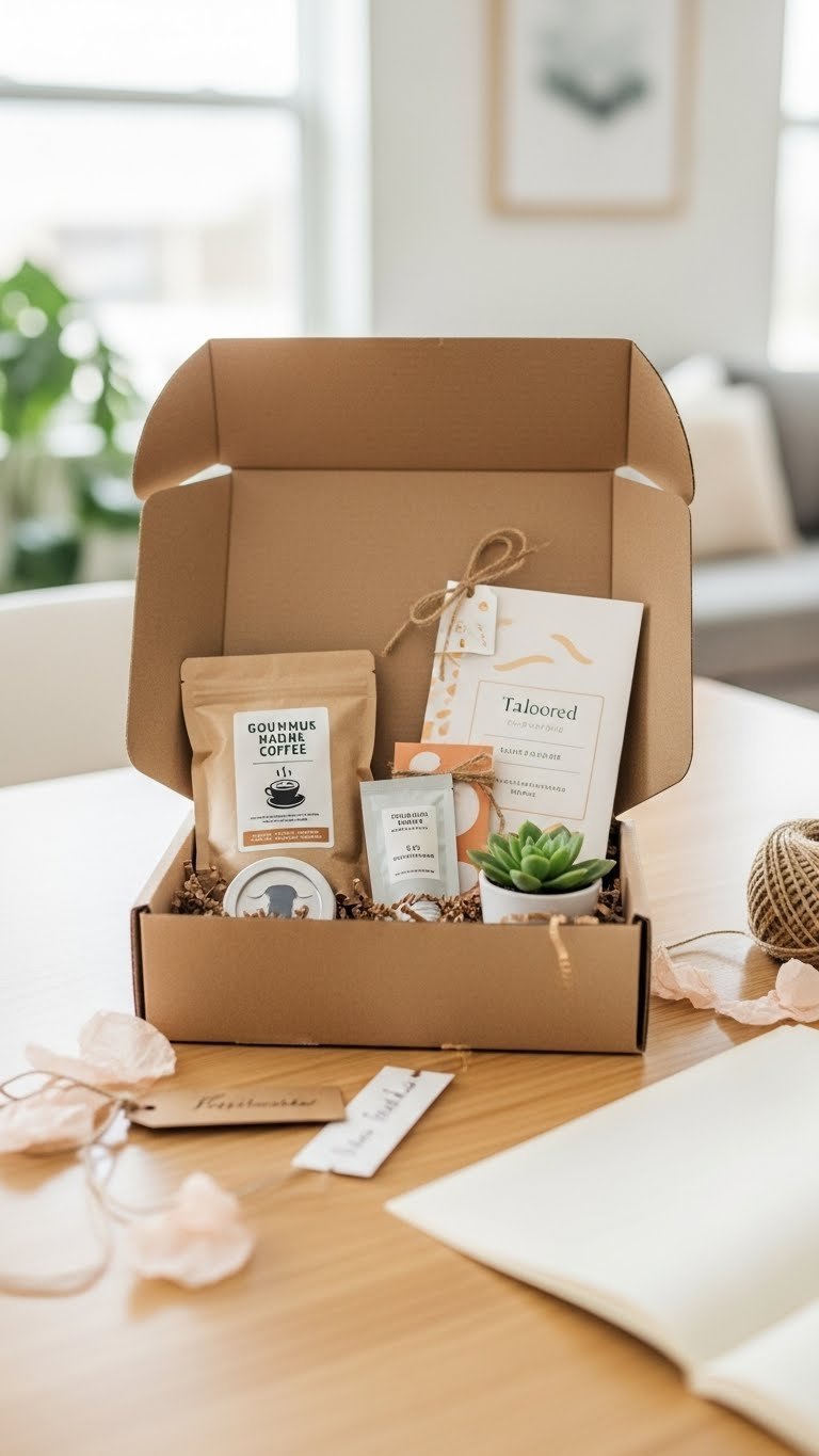Open personalized subscription box with gourmet coffee, skincare sample, succulent plant, and custom bookmark arranged on wooden table with soft lighting