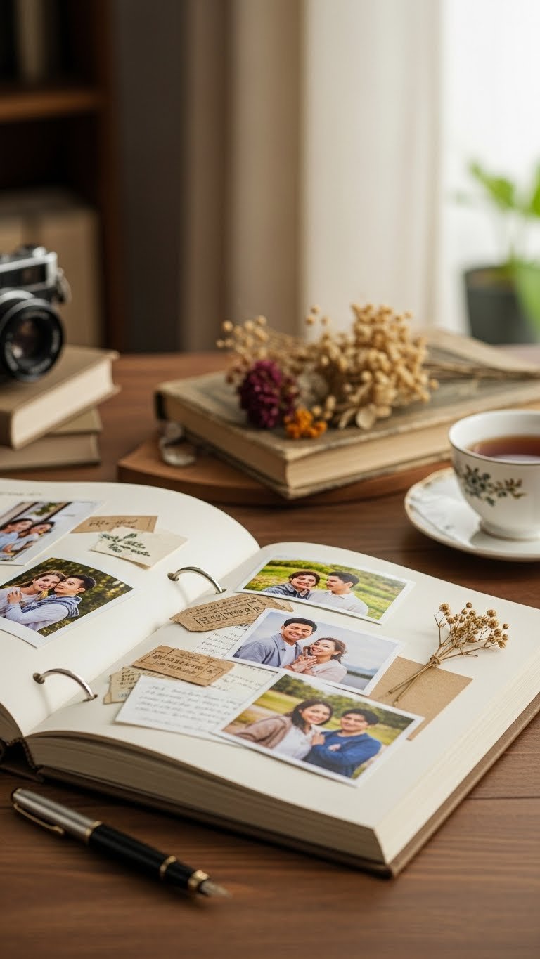 Open photo album scrapbook with nostalgic couple photos, handwritten notes, and dried flowers arranged on rustic wooden table with soft natural lighting.