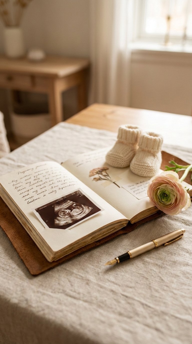 Open pregnancy journal with elegant handwriting and ultrasound photo on soft linen tablecloth