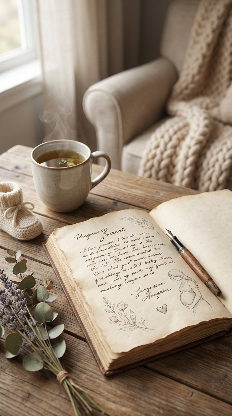 Open pregnancy journal with handwritten entries and pen resting on rustic wooden table