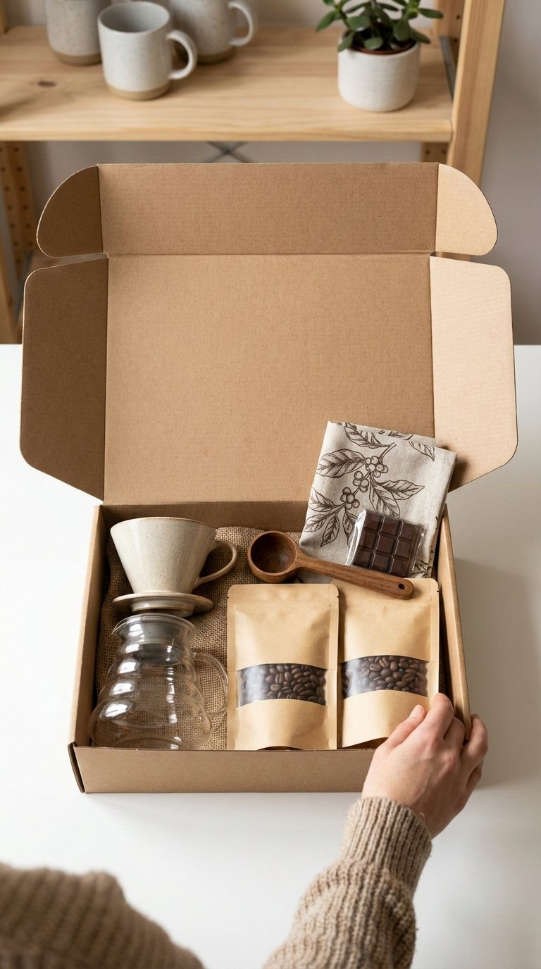 Open subscription box for men with hobby items like craft beer or gaming accessories on clean white tabletop