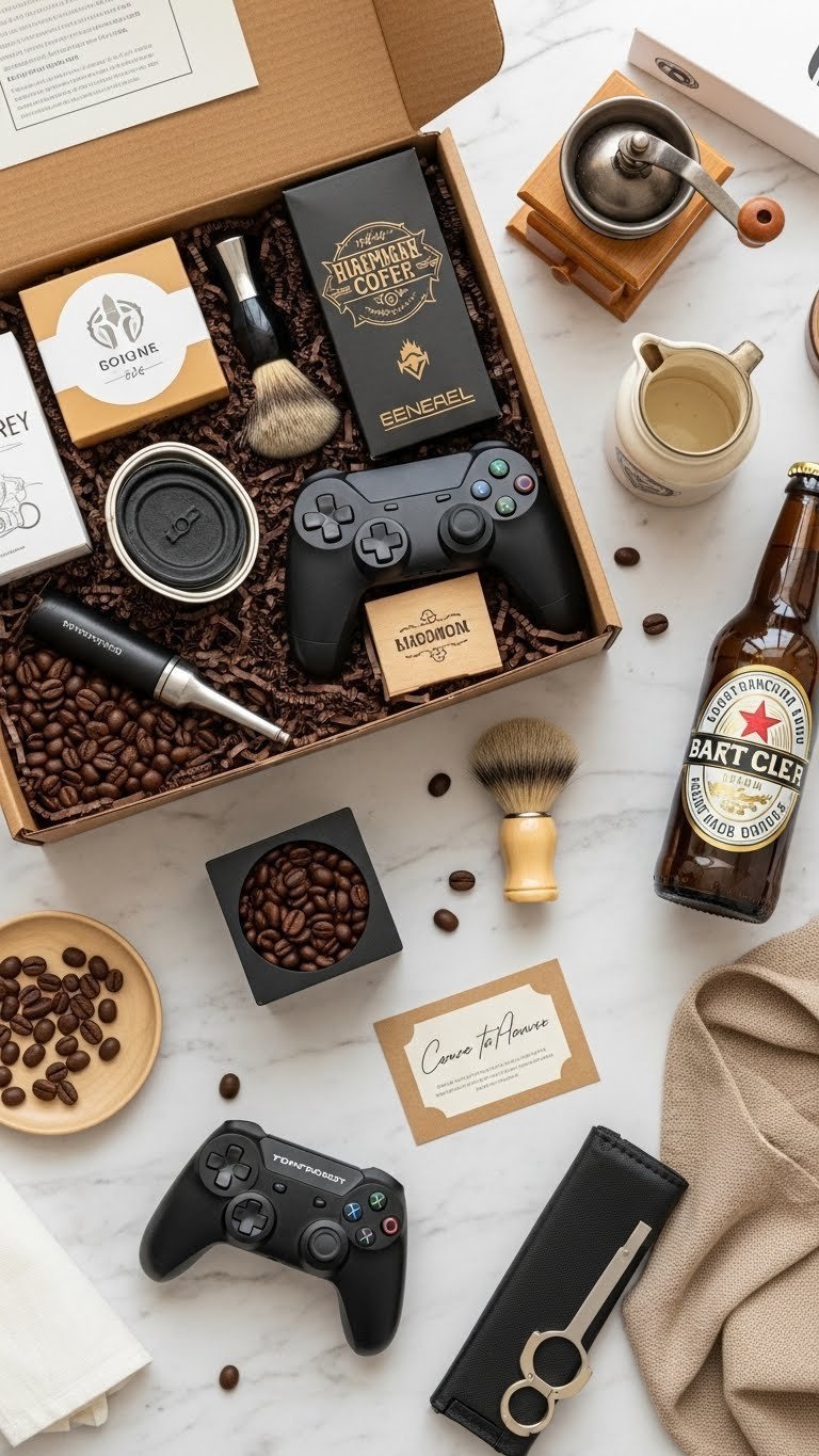 Open subscription box overflowing with hobby-related products arranged in vibrant flat lay composition