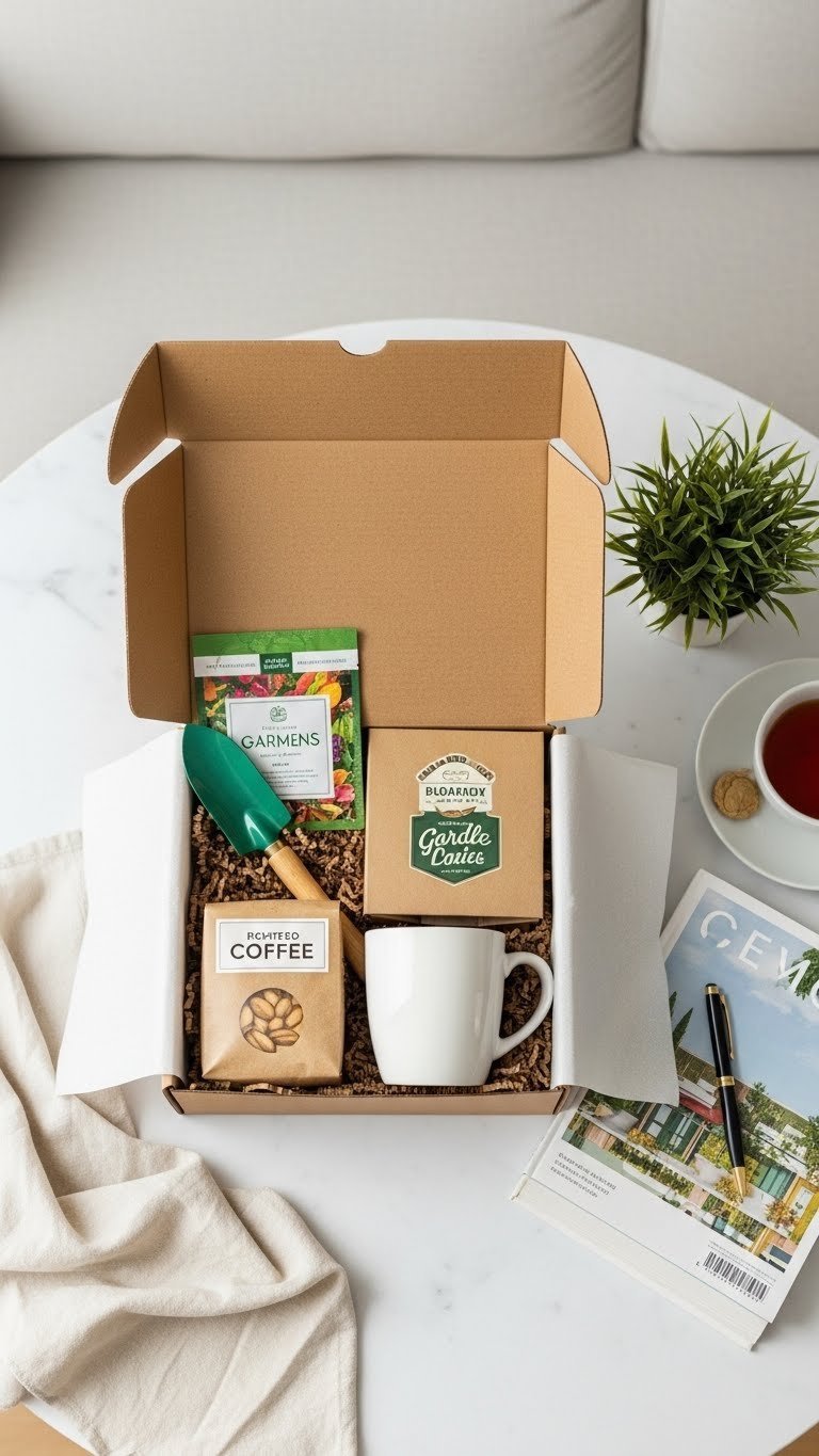 Open subscription box revealing curated items for elderly interests including gardening tools and premium coffee supplies.