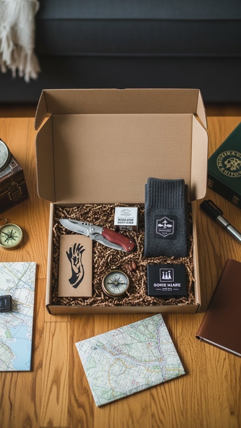 Open subscription box revealing pocket knife, wool socks, coffee sample and gadget nestled in wood shavings