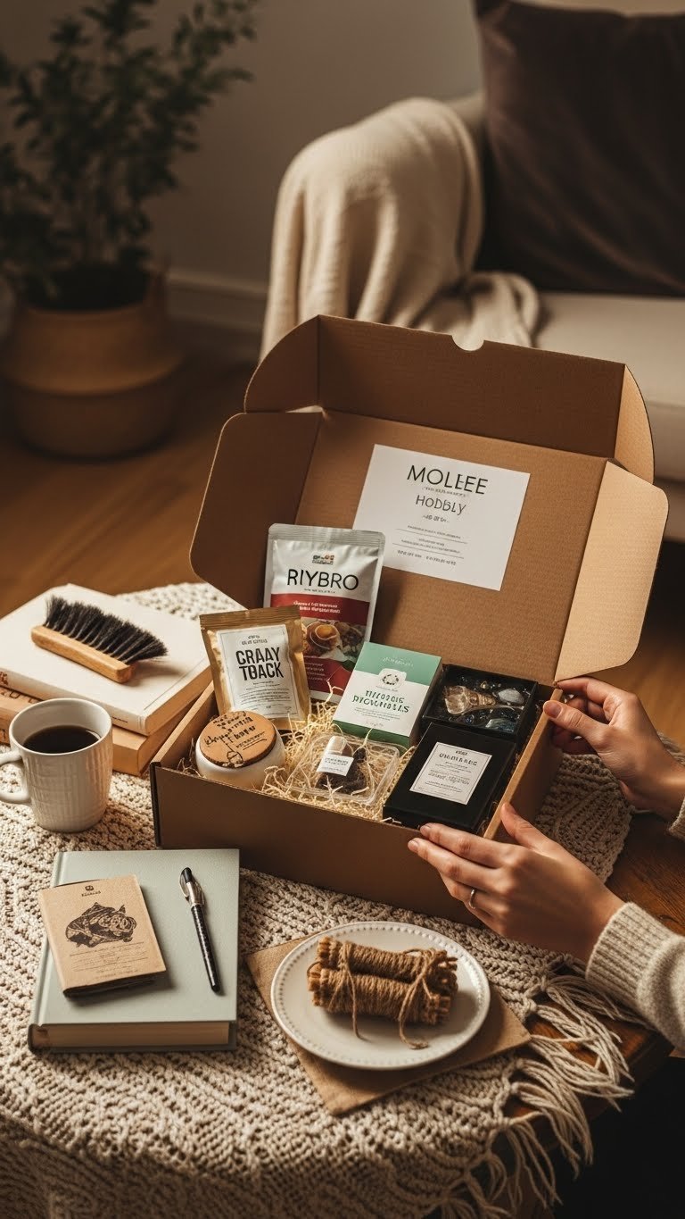 Open subscription box spilling curated hobby items with hands exploring contents on rustic table
