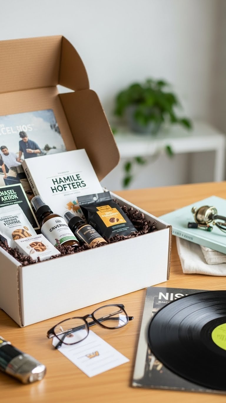 Open subscription box with curated male hobby items arranged on minimalist wooden surface