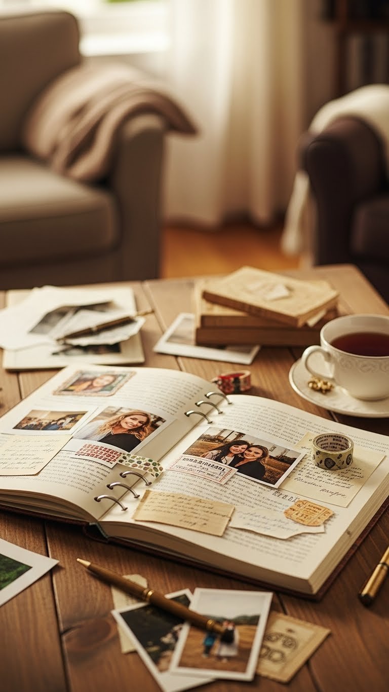 Open vintage-style memory book showing collage of candid photos, handwritten notes, and mementos on rustic wooden table.