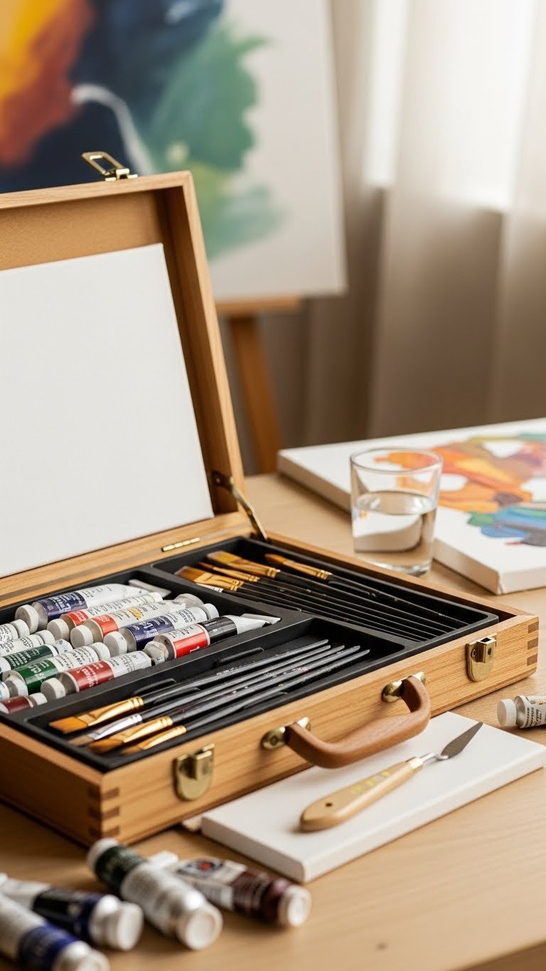 Open wooden art case with vibrant acrylic paints, fine brushes, canvas, and palette knife arranged neatly on light wooden table.