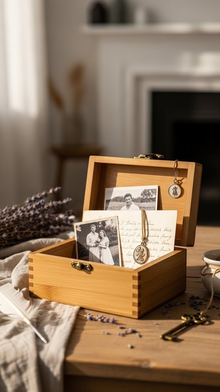 Open wooden keepsake box with vintage photos and handwritten letter on rustic table with warm golden hour lighting
