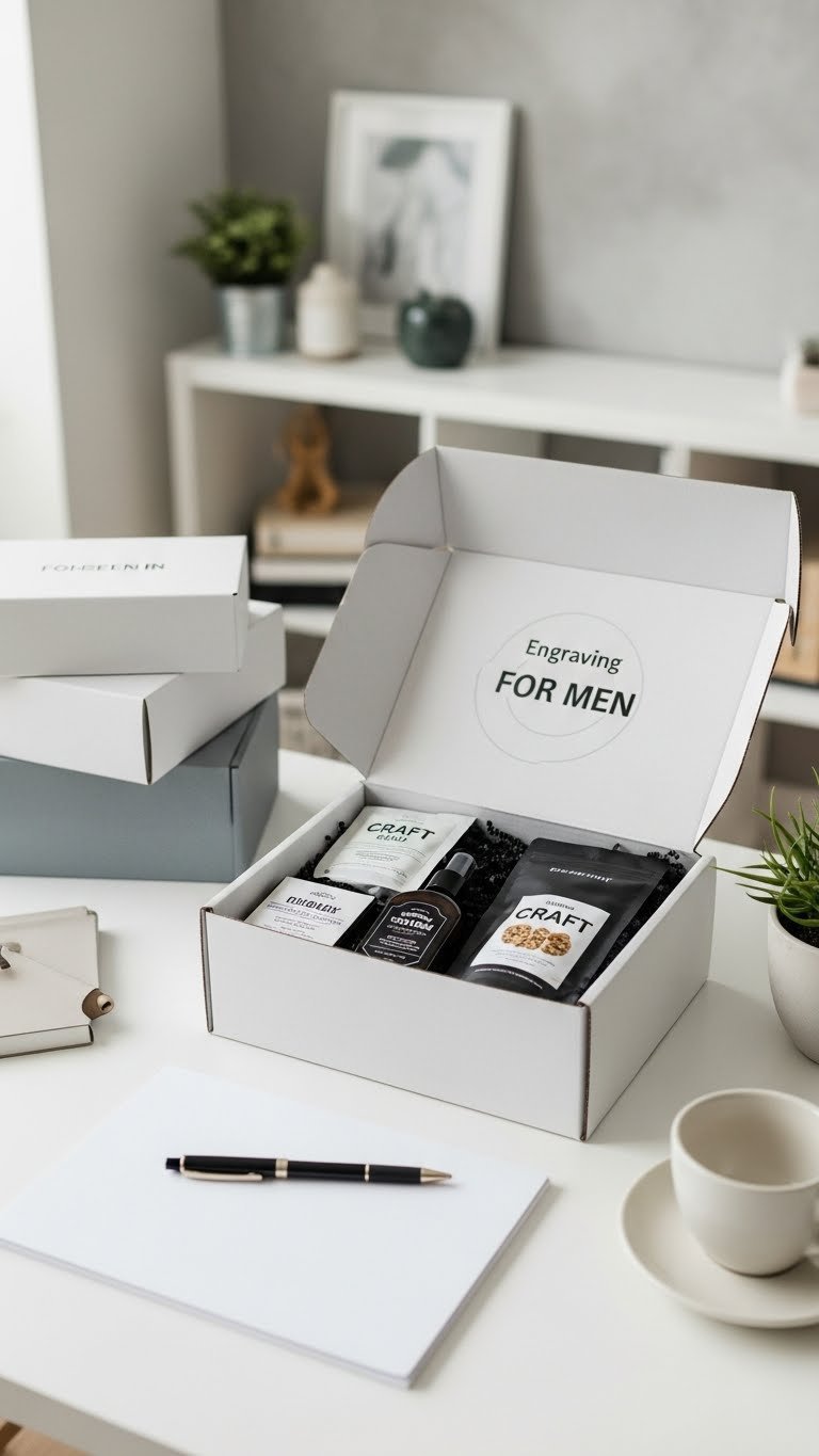 Opened men's subscription box revealing grooming products and hobby gear with other boxes stacked in background