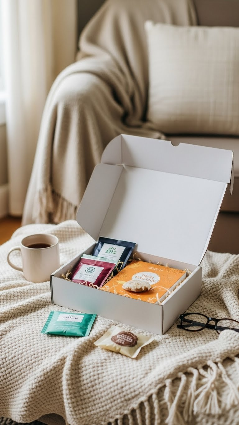 Opened subscription box revealing tea sachets, book, and gourmet snack arranged on cozy textured blanket