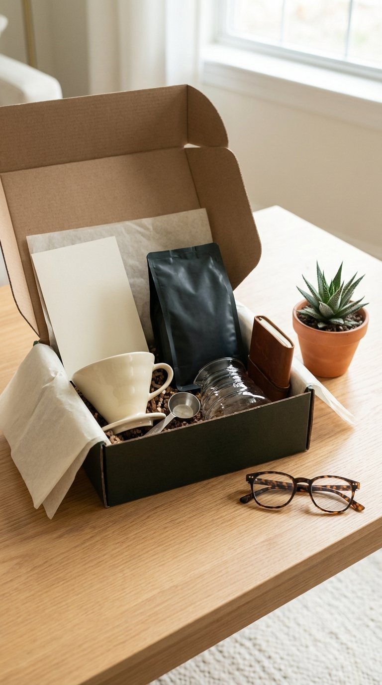 Opened subscription box with high-quality hobby items arranged with tissue paper on minimalist table