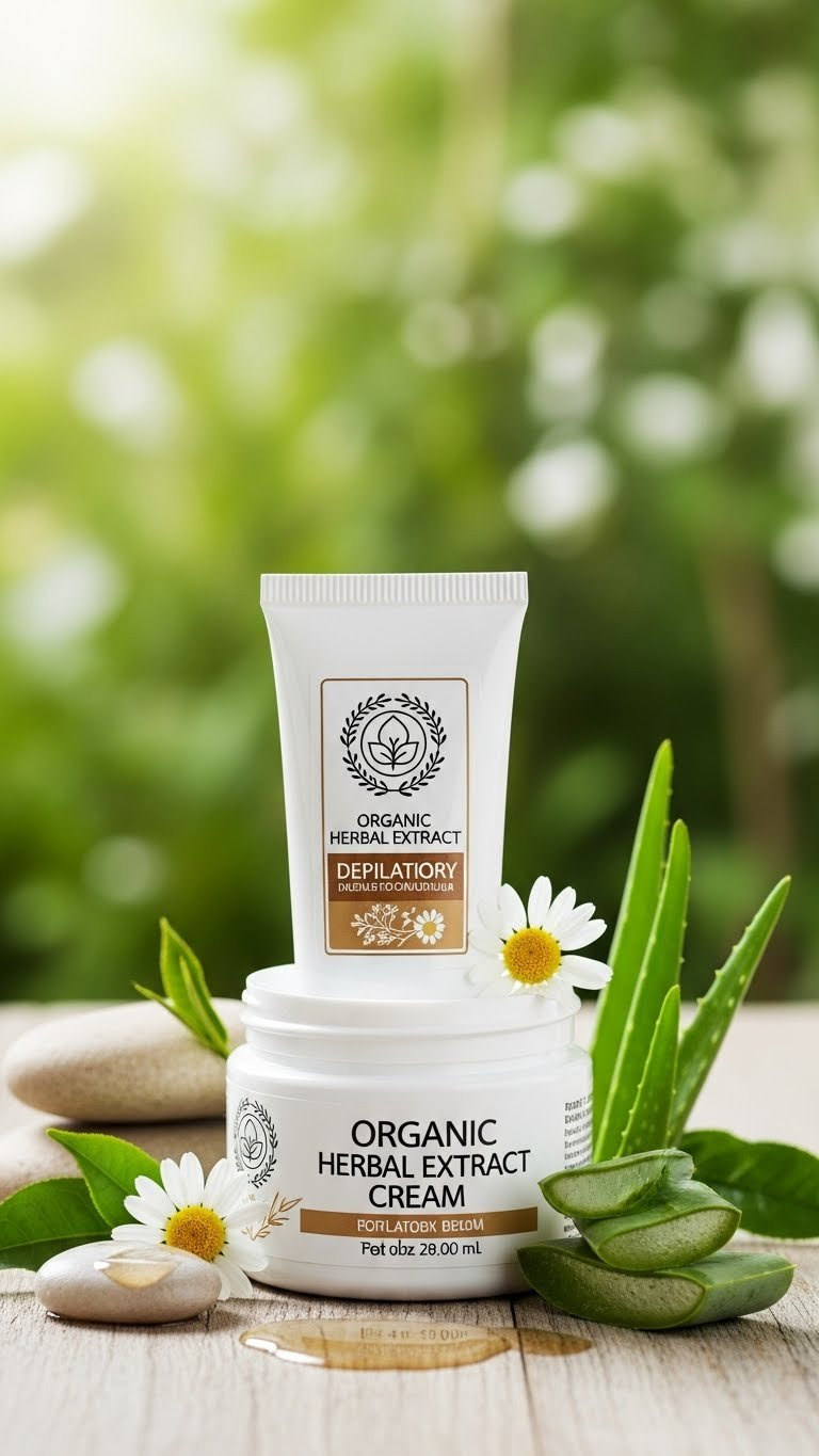 Organic Japanese herbal extract depilatory cream with botanical elements on rustic wooden surface in natural setting