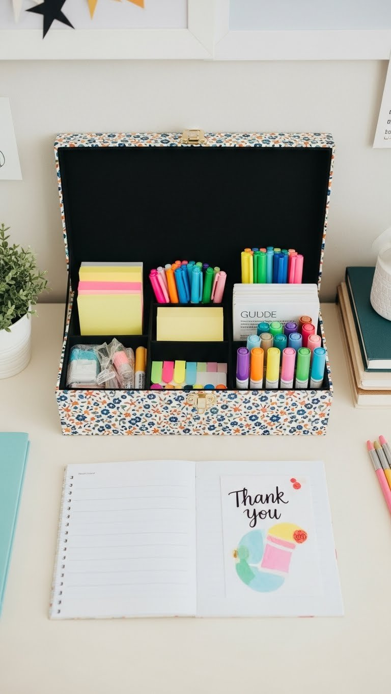 Organized classroom supply restock box filled with colorful pens, sticky notes, markers, and craft supplies on light desk.