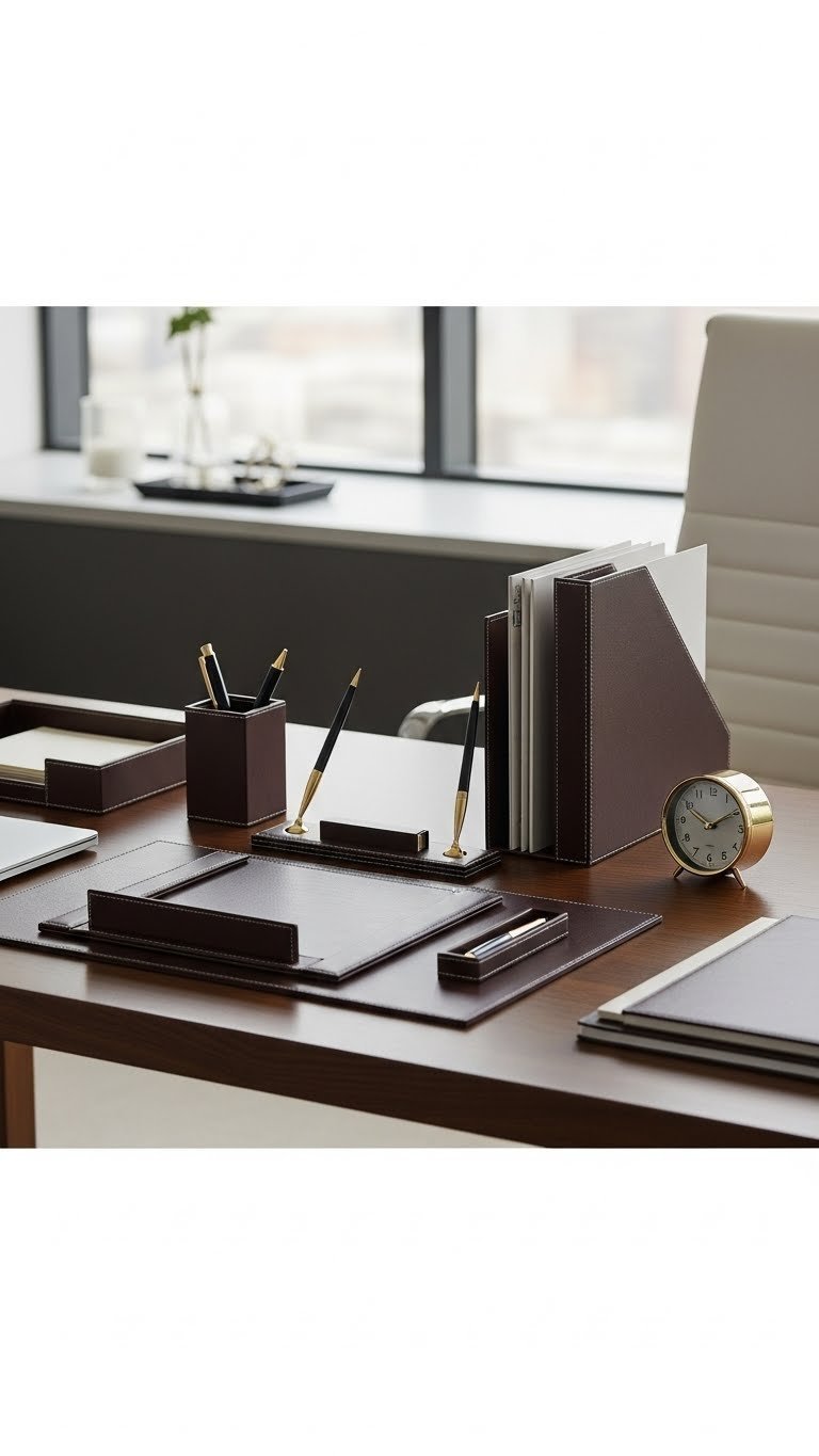 Organized desk accessories set with leather pad and pen holder arranged symmetrically on polished executive desk