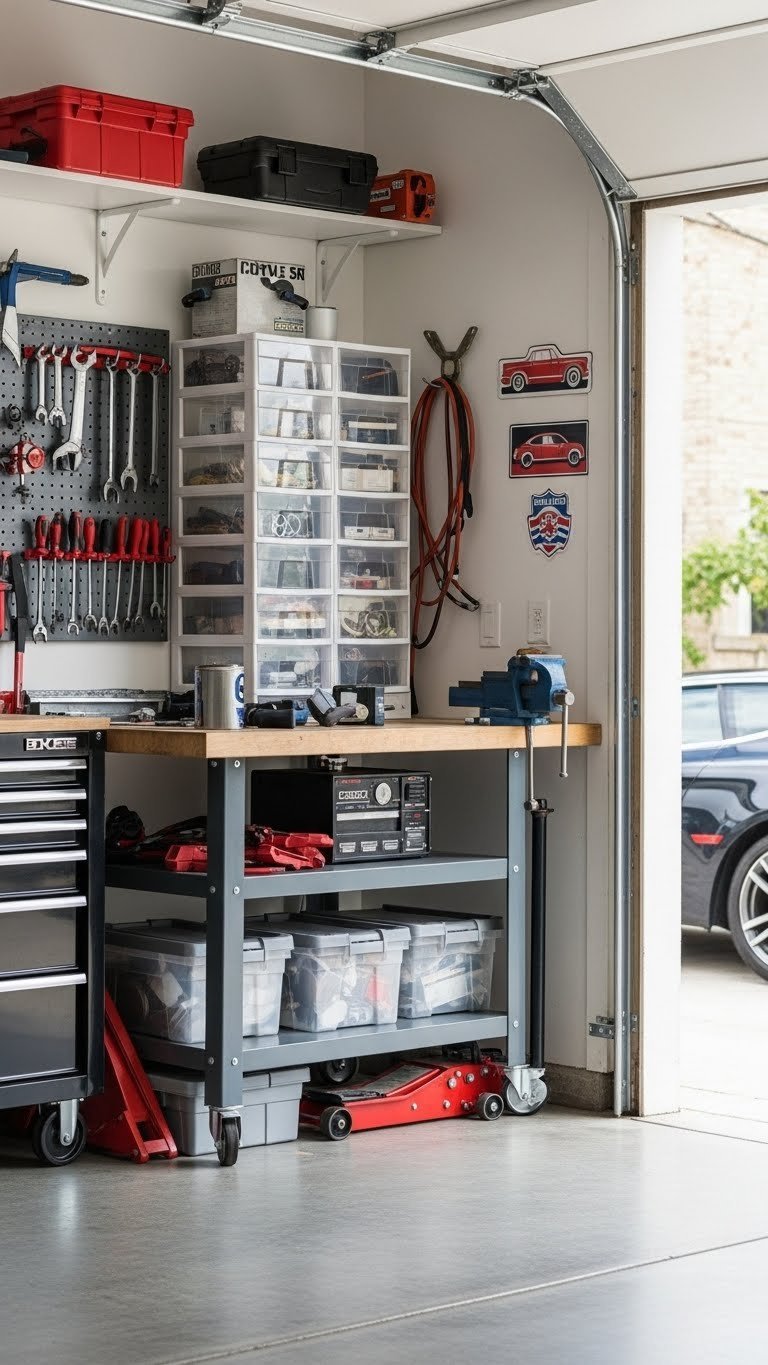 Organized garage workshop with tools on pegboards, storage bins, and rolling workbench with bright lighting