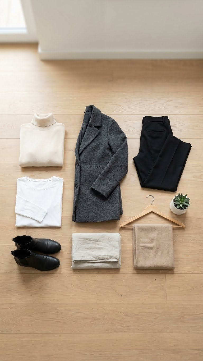 Organized minimalist winter capsule wardrobe including a wool coat, cashmere sweater, tailored trousers, and ankle boots.