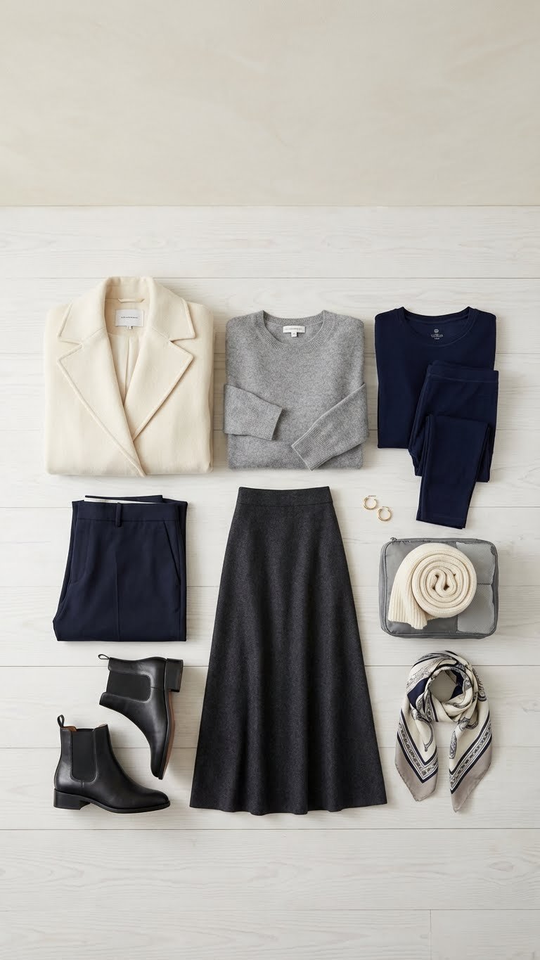 Organized winter travel wardrobe with versatile wool coat, cashmere sweater, and boots on a clean, light background.