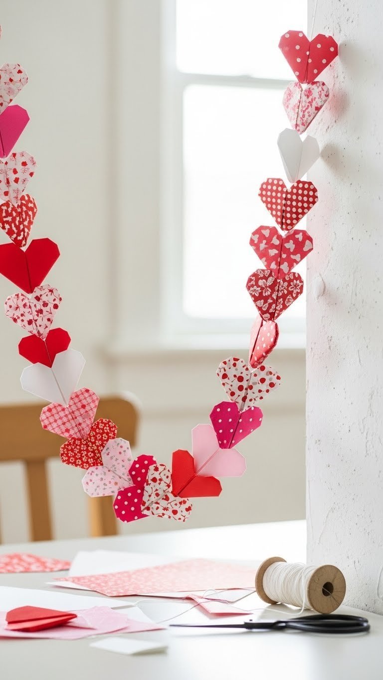 Origami heart garland strung with brightly colored folded hearts in red, pink, and white against a neutral background.