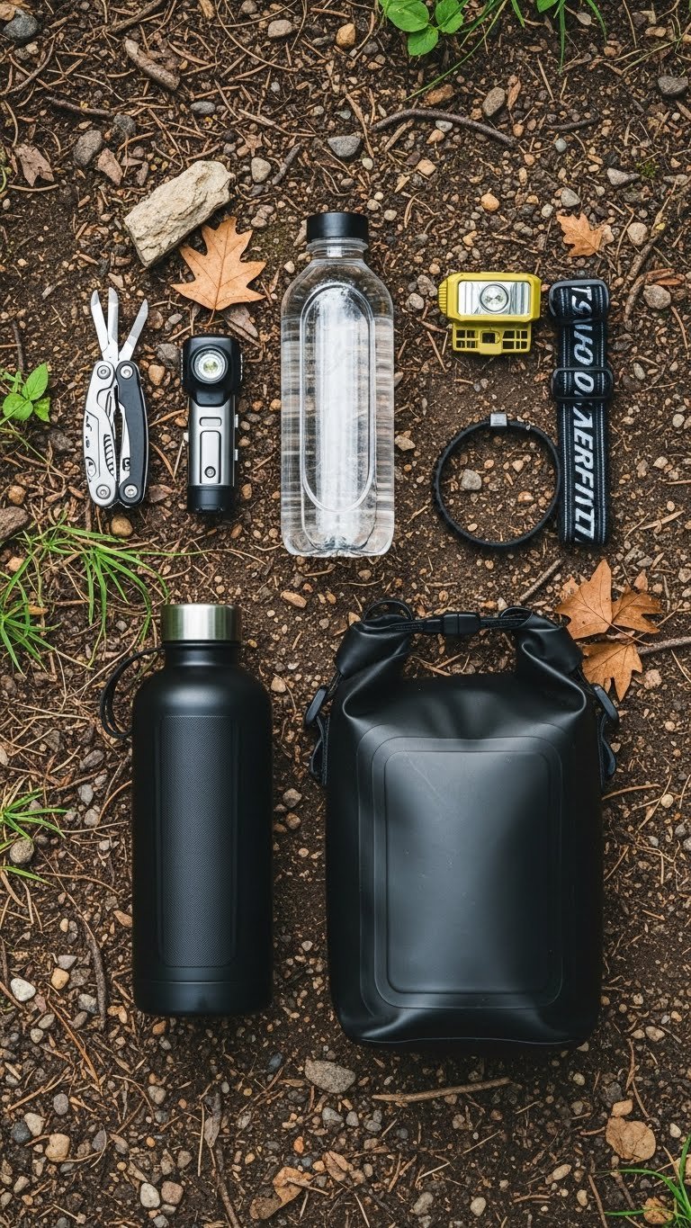 Outdoor adventure gear kit laid out on natural forest floor with essential survival equipment