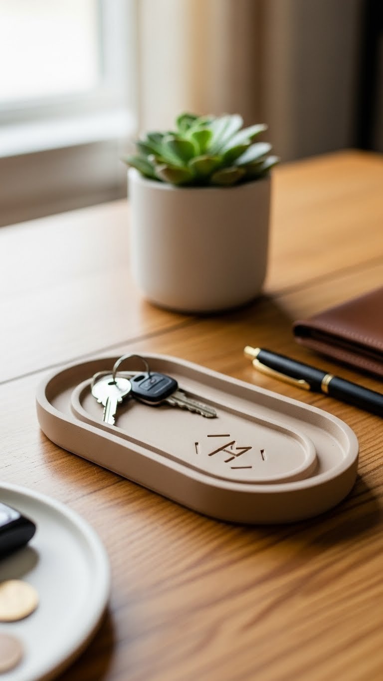 Oval air dry clay catch-all dish holding keys and watch on rustic wooden table with soft natural lighting.