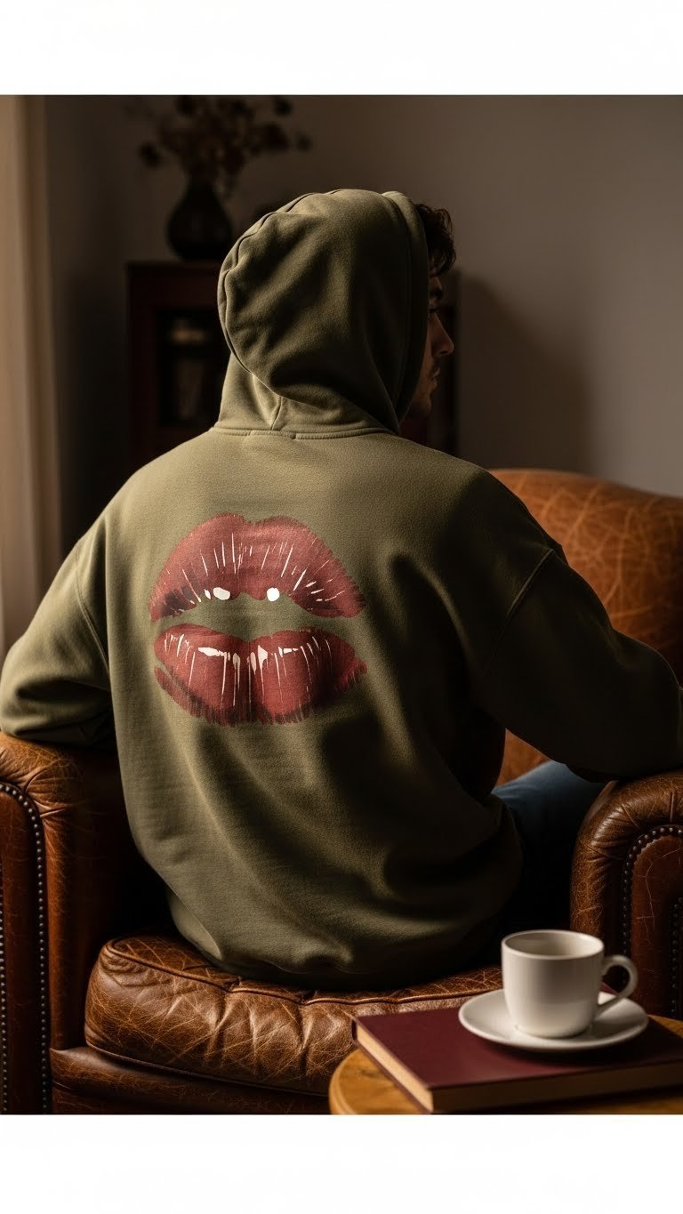Oversized olive green men's hoodie with single large burgundy fabric paint kiss print on chest against golden hour lighting